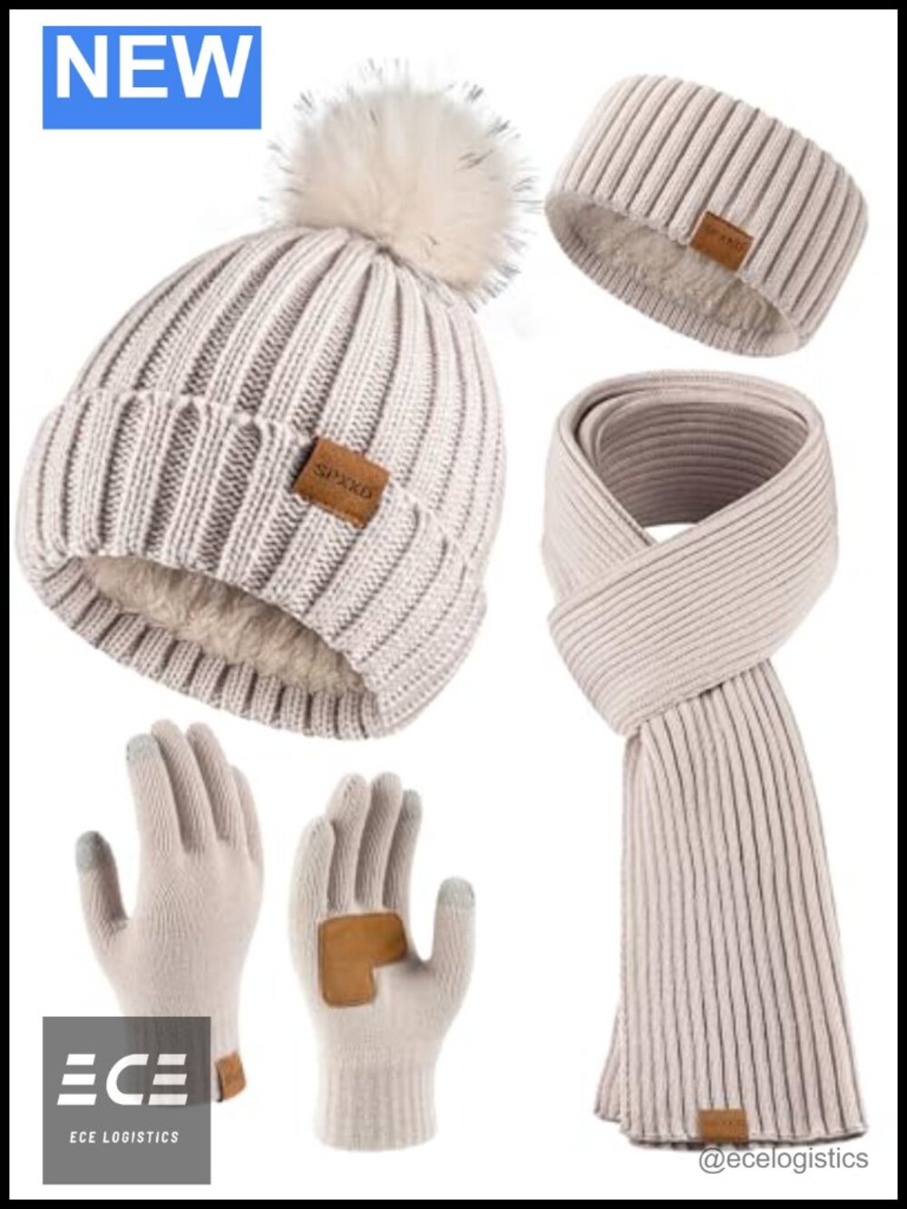 Womens 4Pc Beanie Scarf Gloves Headband Set Fleece Lined Touchscreen Winter
